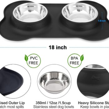 Dog Food Bowls Stainless Steel Dog Bowls, Pet Dog Food Water Bowls No-Spill Non-Skid, Feeding Bowls with Dog Bowl Mat Dog Dishes for Small Medium Size Large Dogs Cats Puppy, Black, 240z