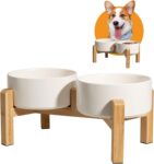 Elevated Ceramic Dog Bowl Set - Raised Dog Bowls with Non-Slip Bamboo Stand - Dog Food and Water Bowl Set - Double Dog Feeding Bowls - Suitable for Small and Medium Dogs - 28.74 OZ - 3.6 CUPS - 850 ML