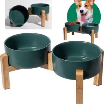 Elevated Ceramic Dog Bowl Set - Raised Dog Bowls with Non-Slip Bamboo Stand - Dog Food and Water Bowl Set - Double Dog Feeding Bowls - Suitable for Small and Medium Dogs - 28.74 OZ - 3.6 CUPS - 850 ML