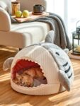 Cat Mat Shark-Shaped Kennel Kitten Bed Hideout House Warm Soft Comfortable Semi-Closed Cat Dog Nest Grey Small