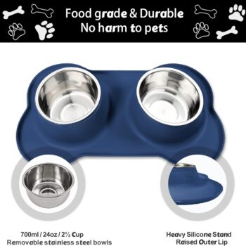 Dog Food Bowls Stainless Steel Dog Food & Water Bowl Set with No Spill No Slip Silicone Mat, Dog Dishes for Small Medium Size Dogs Pet Cat Puppy Food Feeding Bowls, Blue, 24oz, 3 Cup